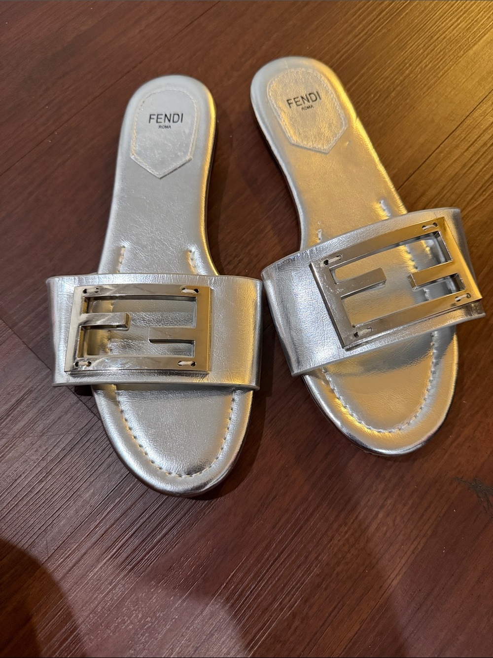 Fendi Metallic Silver Logo Slide Sandals
